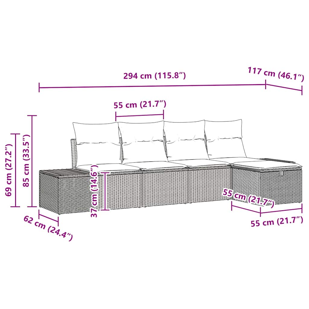 Gartensofa-set mit Kissen 5 pcs Schwarz Poly-Rattan
