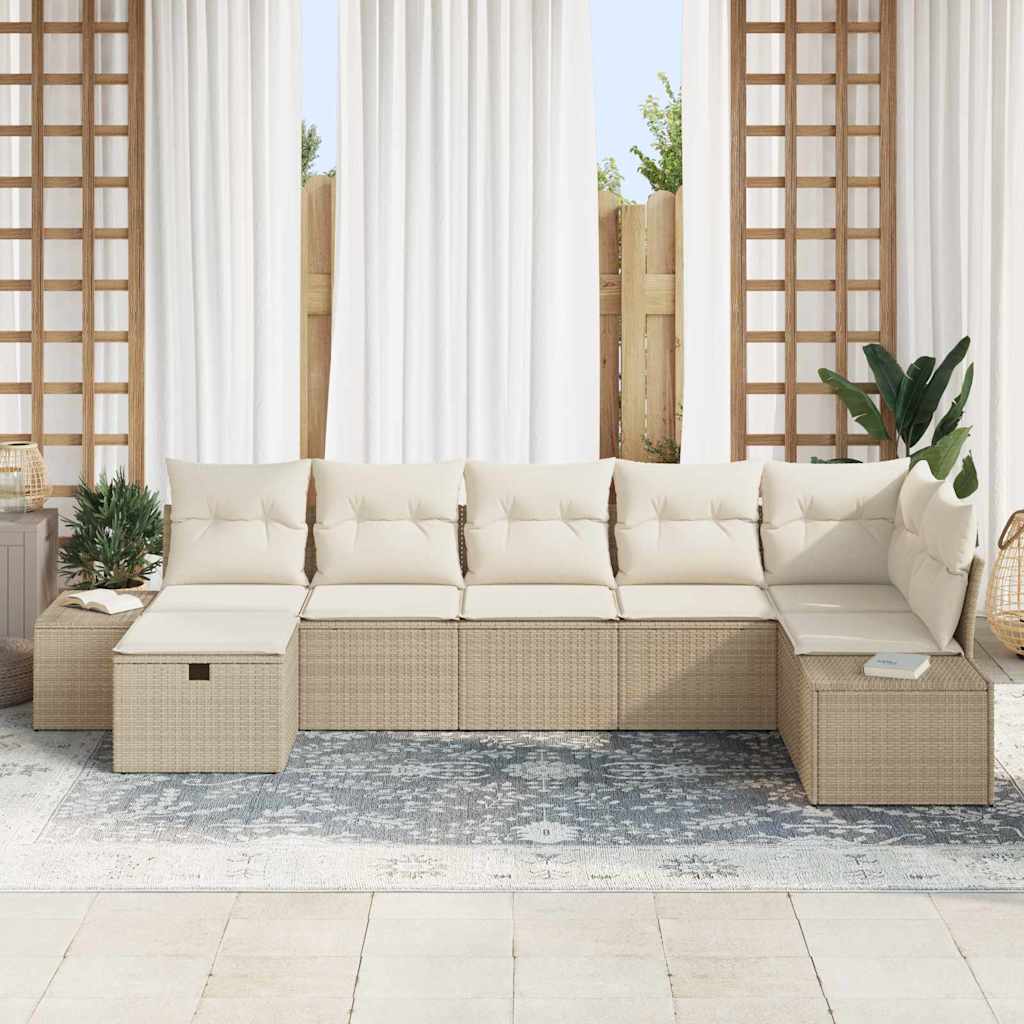 Gartensofa-set mit Kissen 7 pcs Beige Poly-Rattan