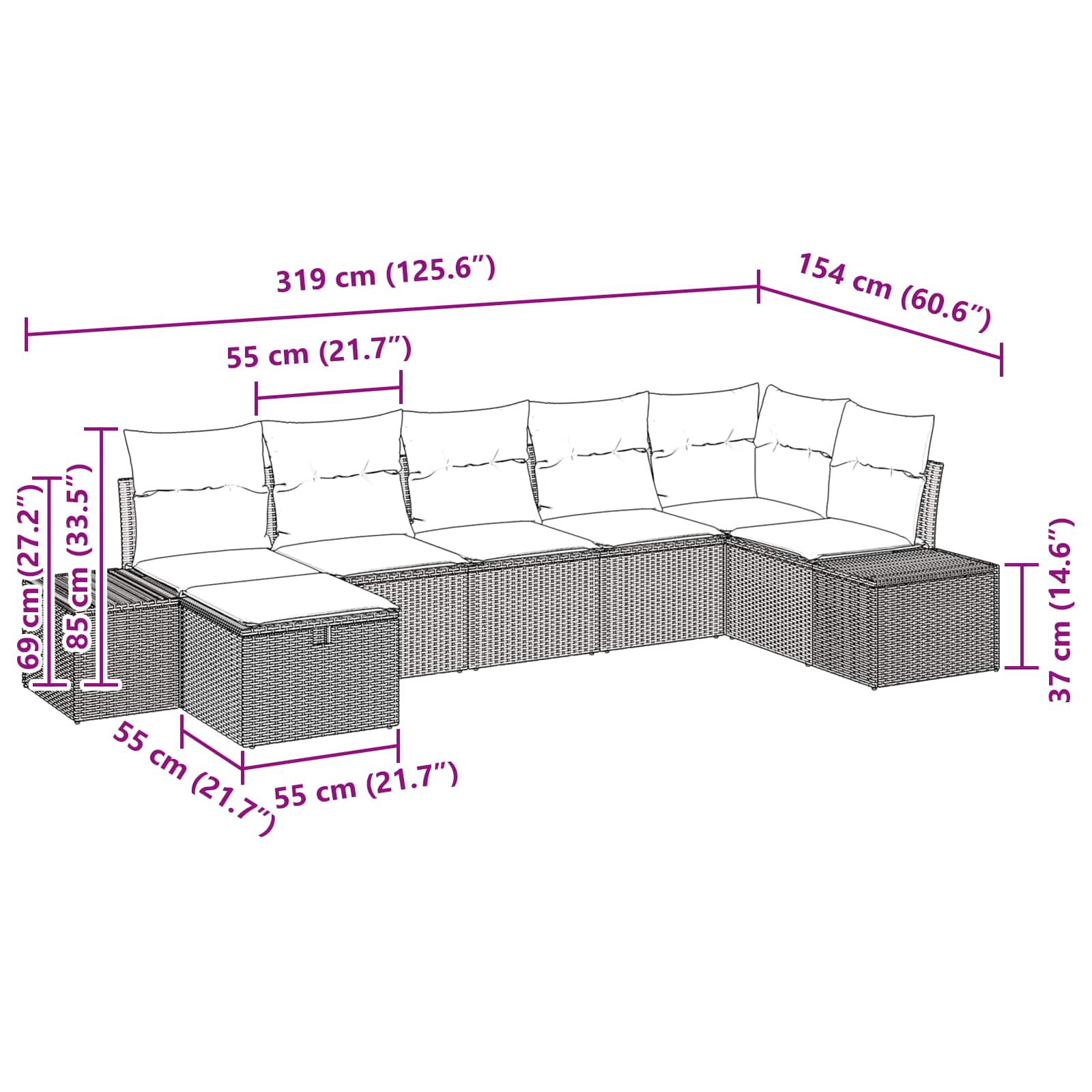 Gartensofa-set mit Kissen 7 pcs Braun Poly-Rattan