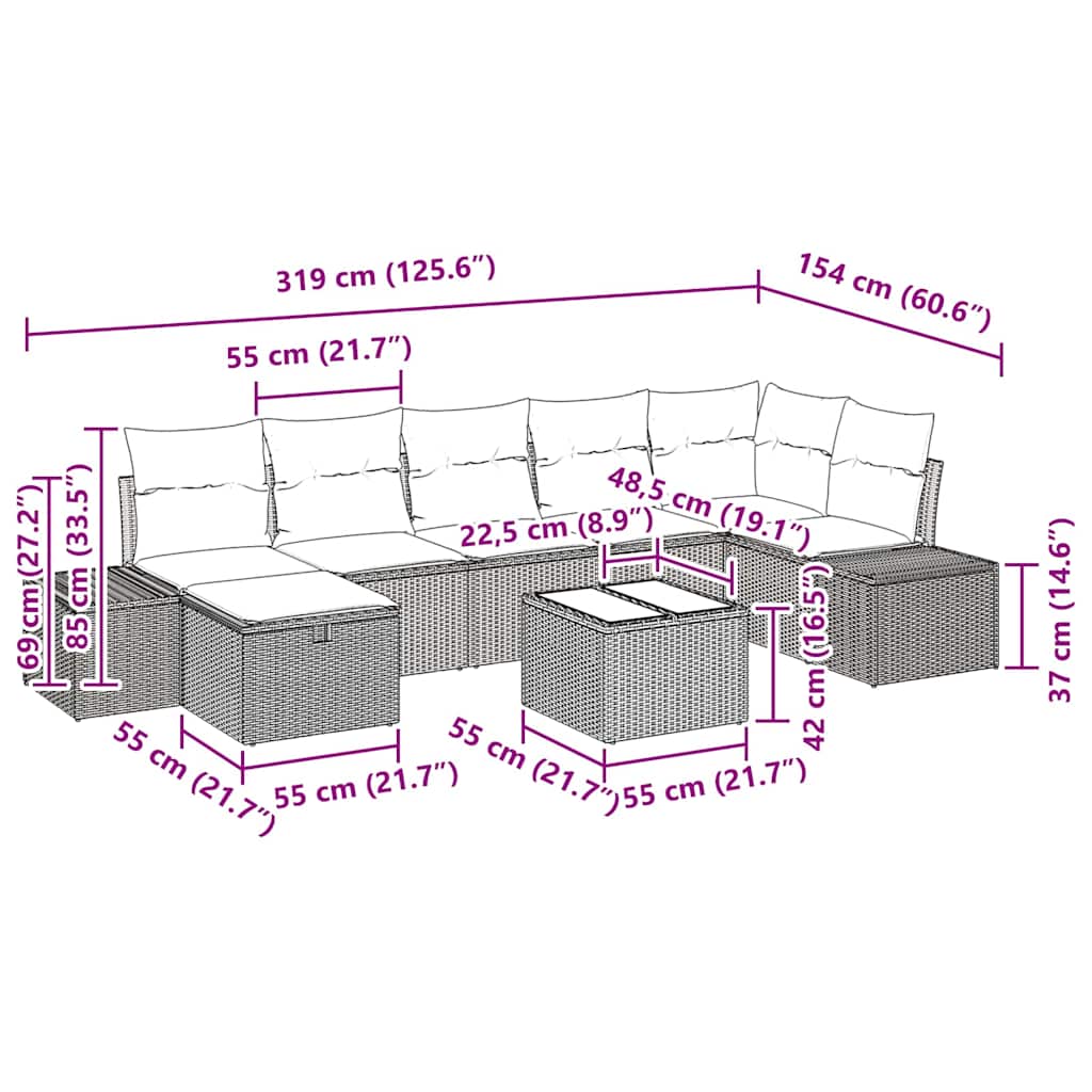 Gartensofa-set mit Kissen 8 pcs Grau Poly-Rattan