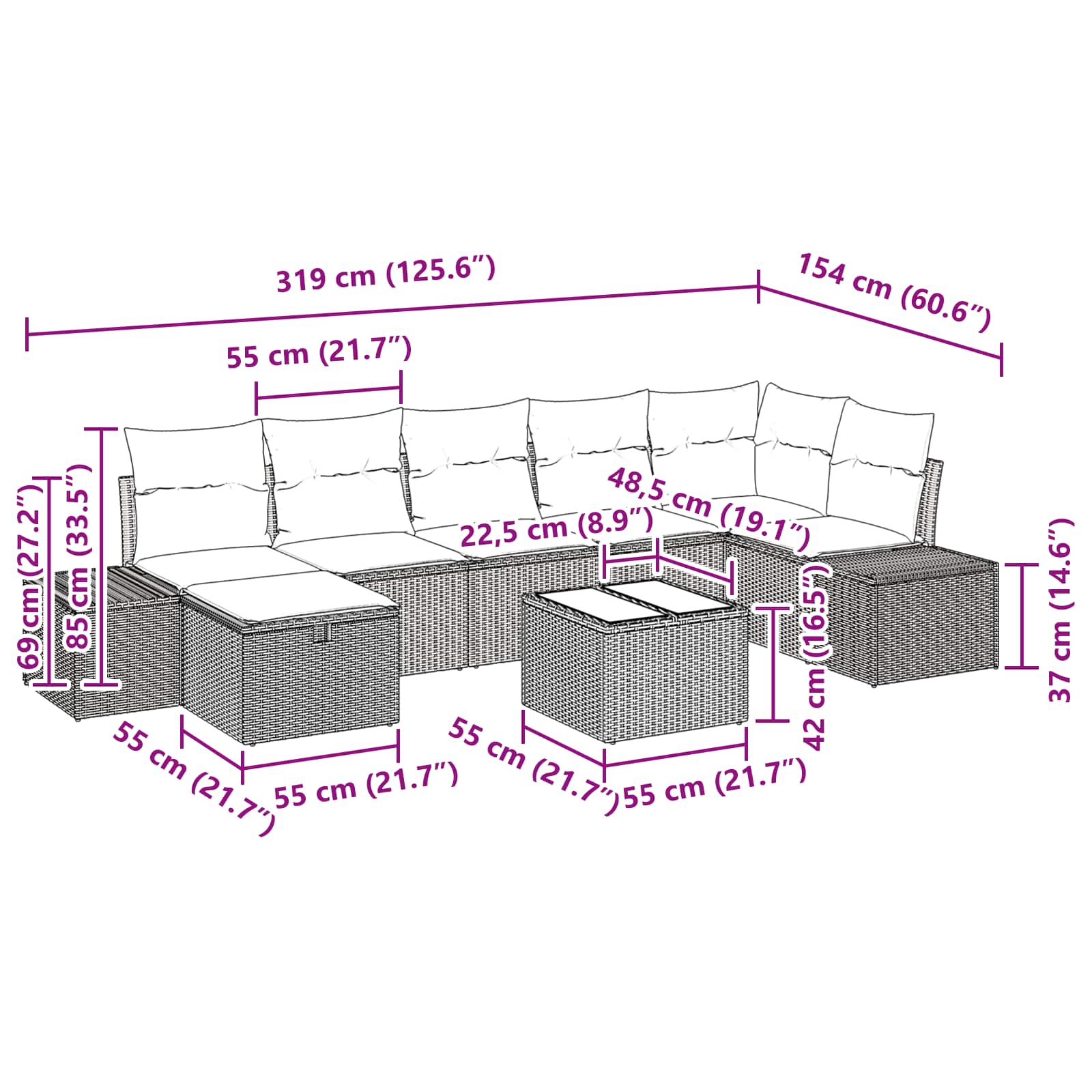 Gartensofa-set mit Kissen 8 pcs Braun Poly-Rattan