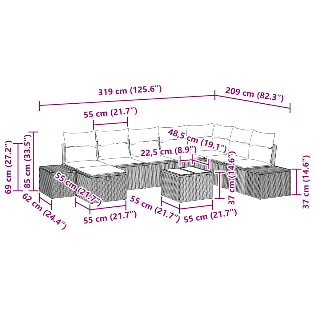 Gartensofa-set mit Kissen 9 pcs Beige Poly-Rattan