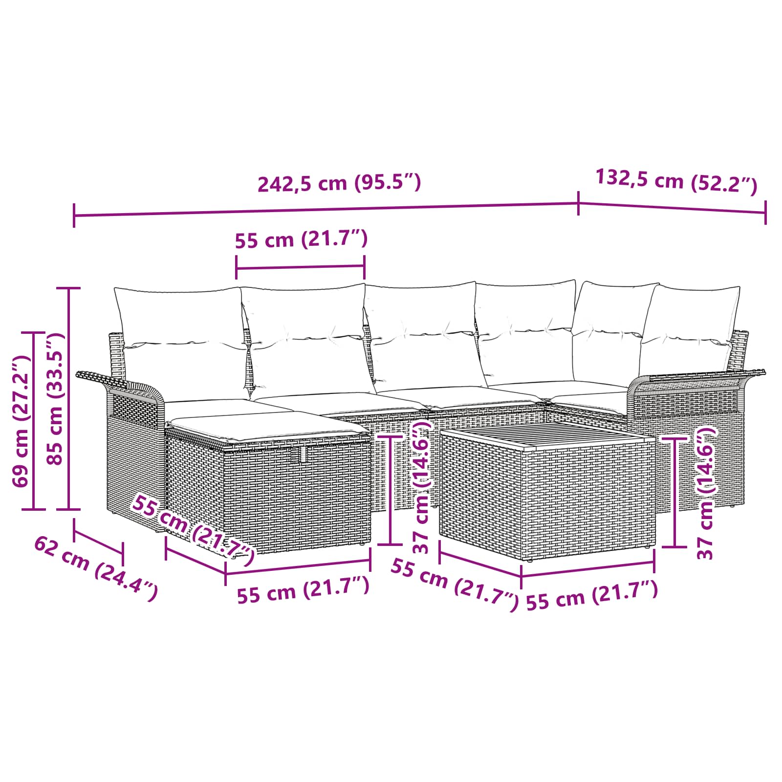 Gartensofa-set mit Kissen mit Speicher 7 pcs Grau Poly-Rattan