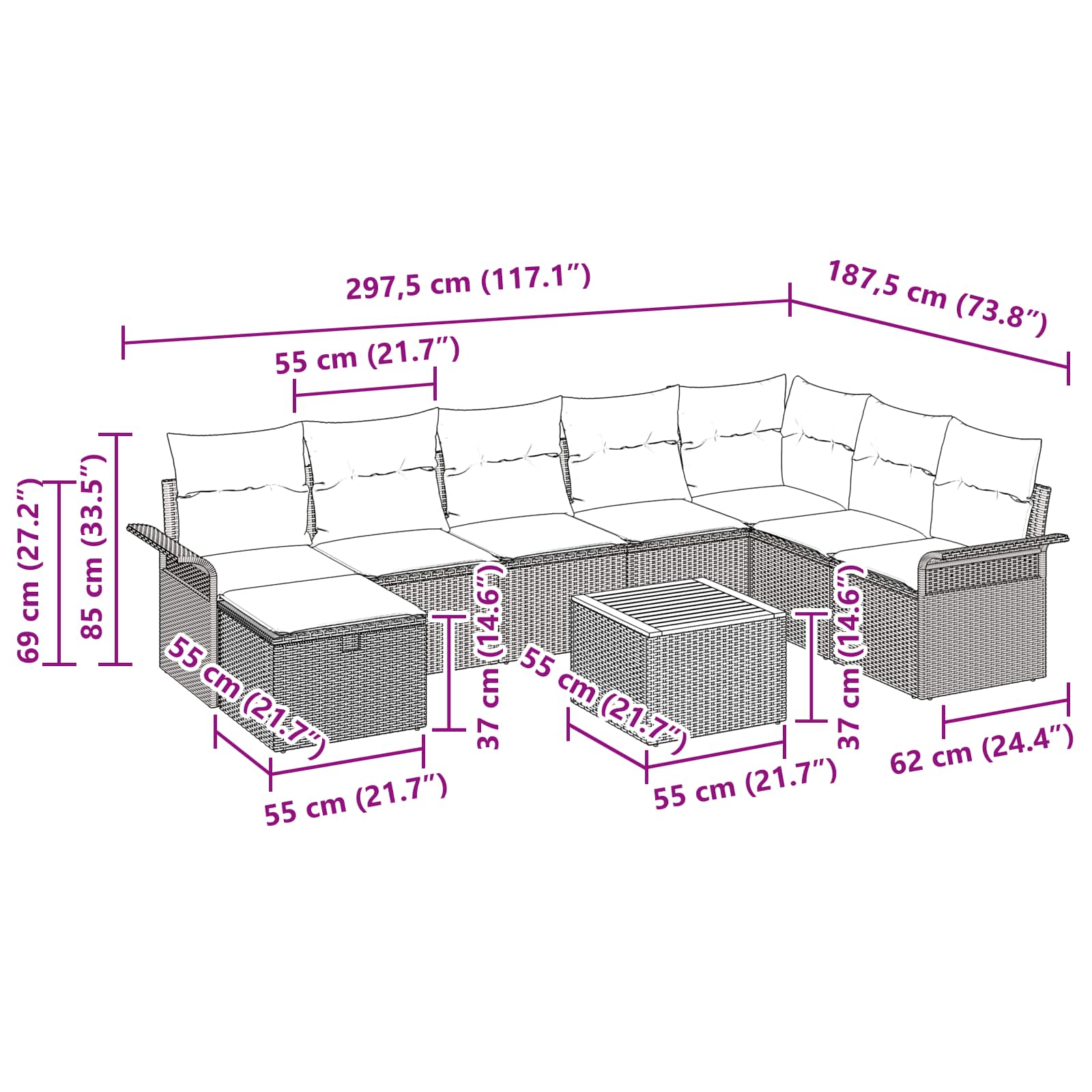 Gartensofa-set mit Kissen mit Speicher 9 pcs Grau Poly-Rattan