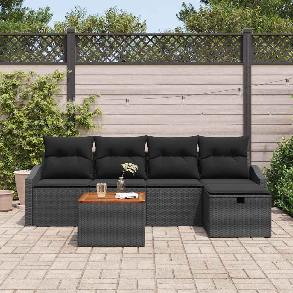 Gartensofa-set mit Kissen 6 pcs Schwarz Poly-Rattan