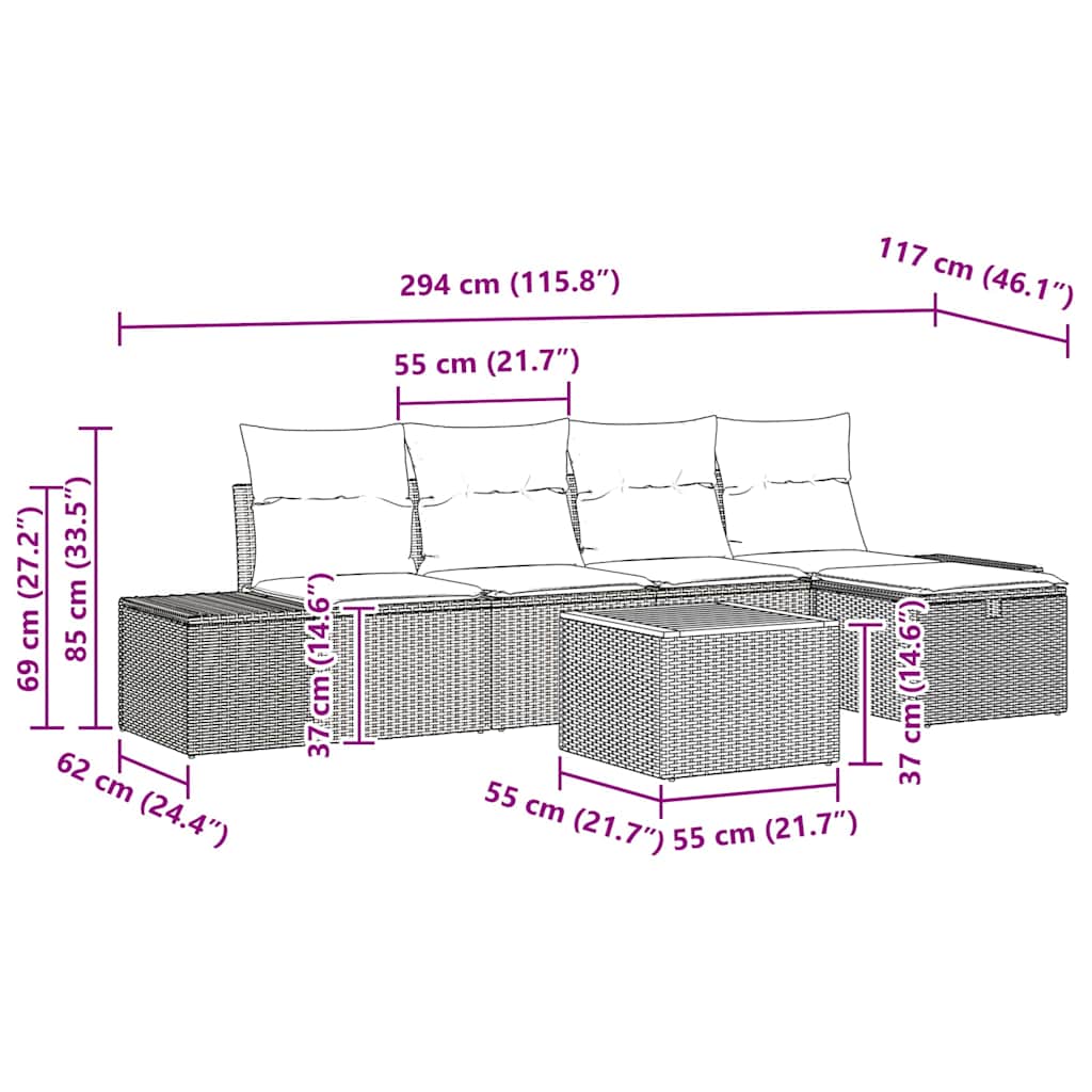 Gartensofa-set mit Kissen mit Speicher 6 pcs Grau Poly-Rattan