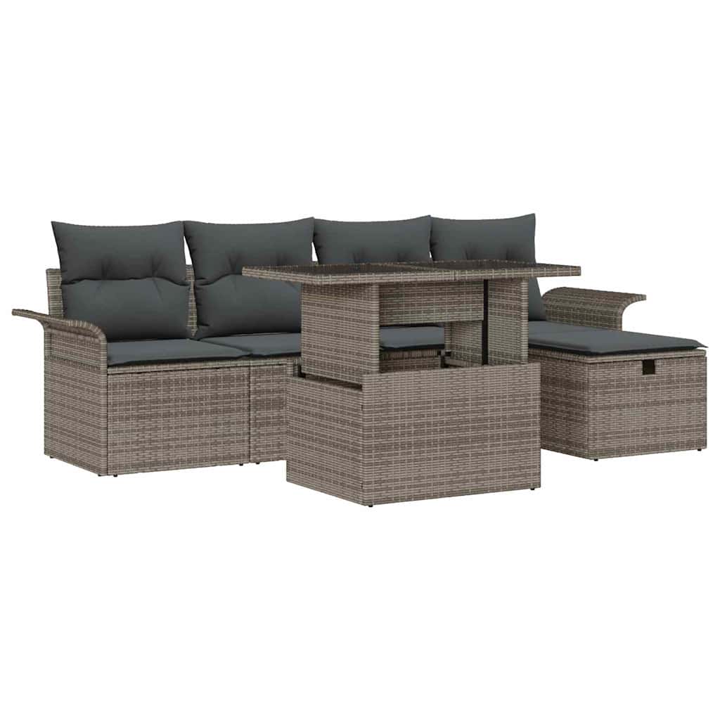 Gartensofa-set mit Kissen mit Speicher 6 pcs Grau Poly-Rattan