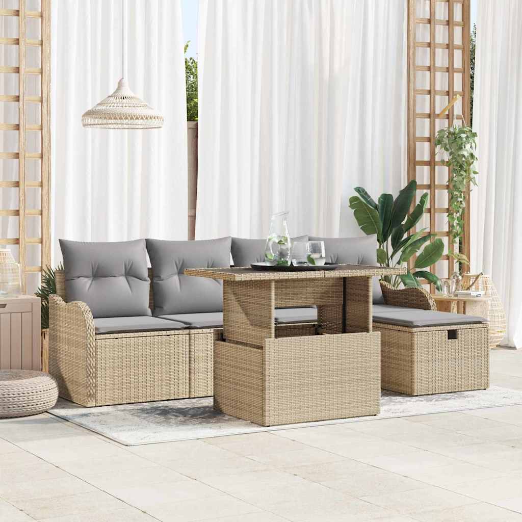 Garten-Sofa-Set mit Kissen mit Speicher 6 pcs Beige Poly Rattan