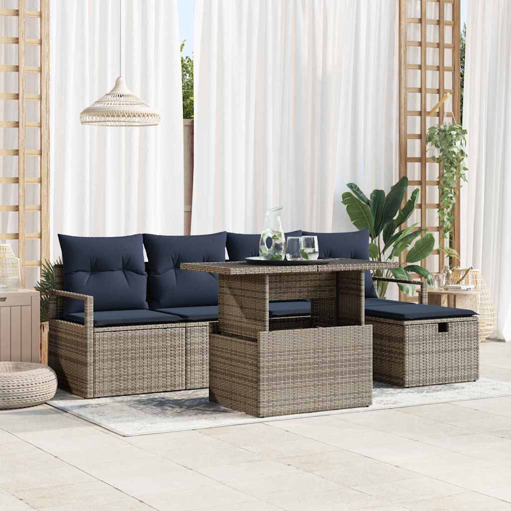 Garten-Sofa-Set mit Kissen mit Speicher 6 pcs Grau Poly Rattan