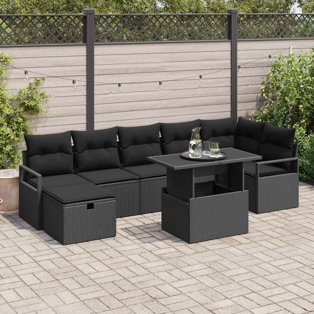 Garten-Sofa-Set mit Kissen 8 pcs Schwarz Poly Rattan