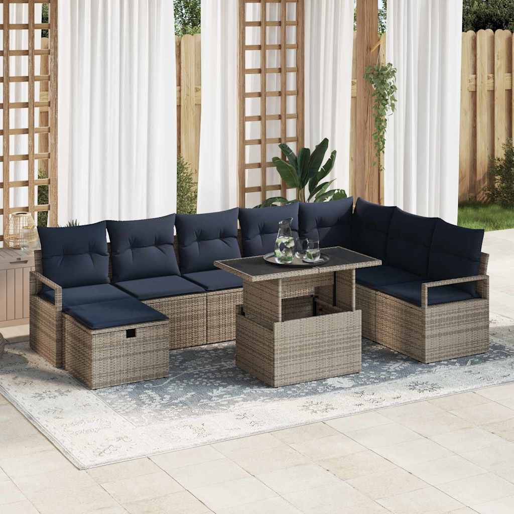 Garten-Sofa-Set mit Kissen mit Speicher 9 pcs Grau Poly Rattan