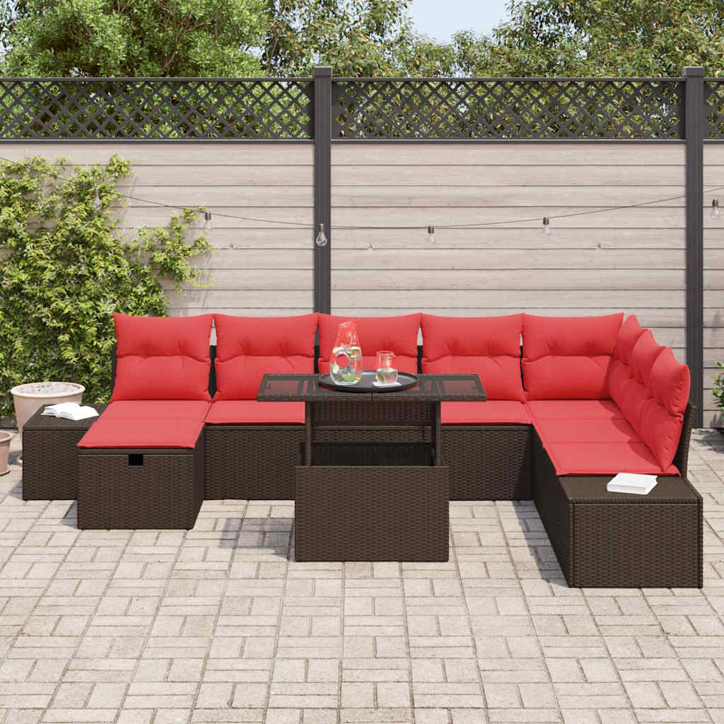 Garten-Sofa-Set mit Kissen mit Speicher 9 pcs Braun Poly Rattan