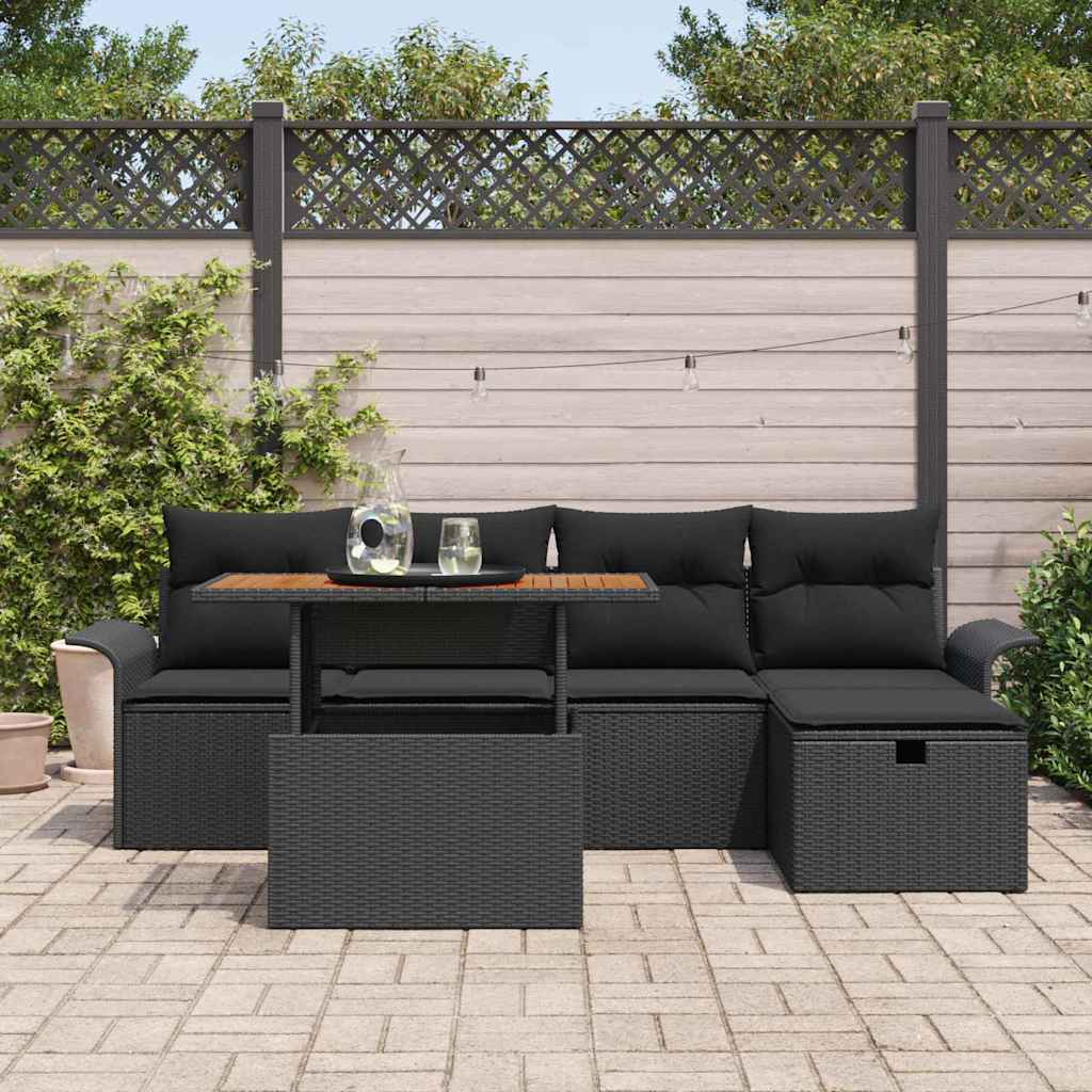Gartensofa-set mit Kissen 6 pcs Schwarz Poly-Rattan