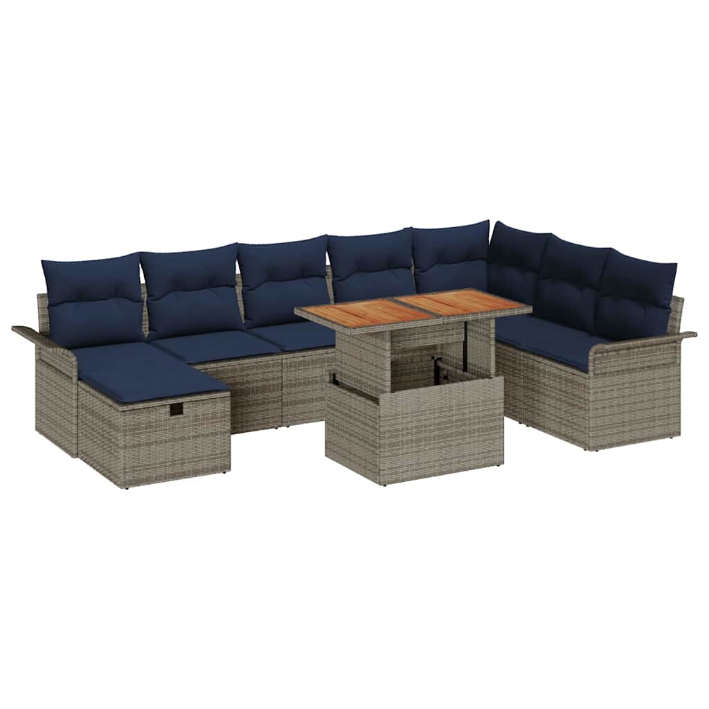 Gartensofa-set mit Kissen mit Speicher 9 pcs Grau Poly-Rattan
