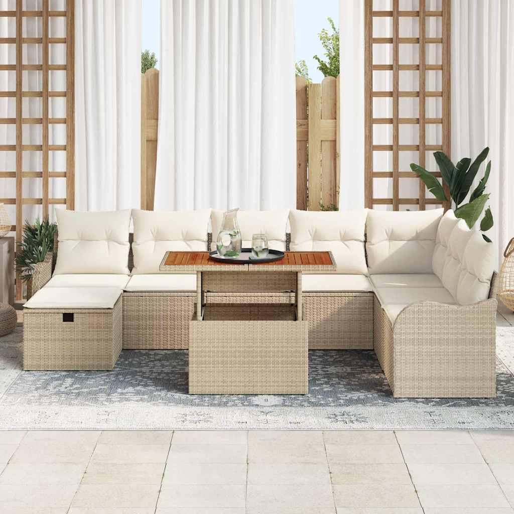 Gartensofa-set mit Kissen mit Speicher 9 pcs Beige Poly-Rattan