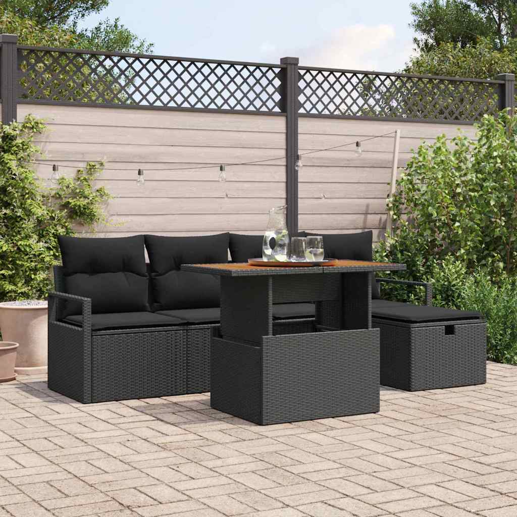 Gartensofa-set mit Kissen 6 pcs Schwarz Poly-Rattan