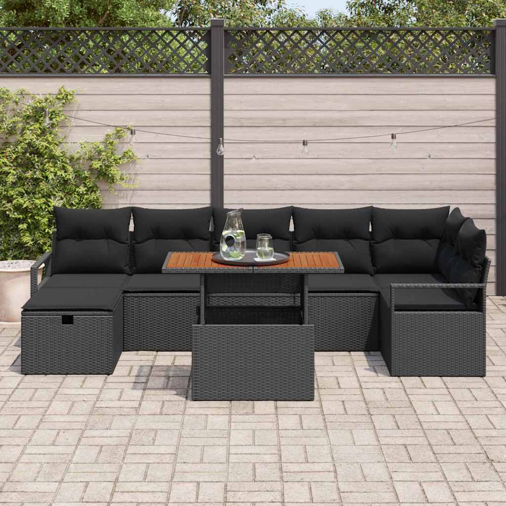 Gartensofa-set mit Kissen 8 pcs Schwarz Poly-Rattan