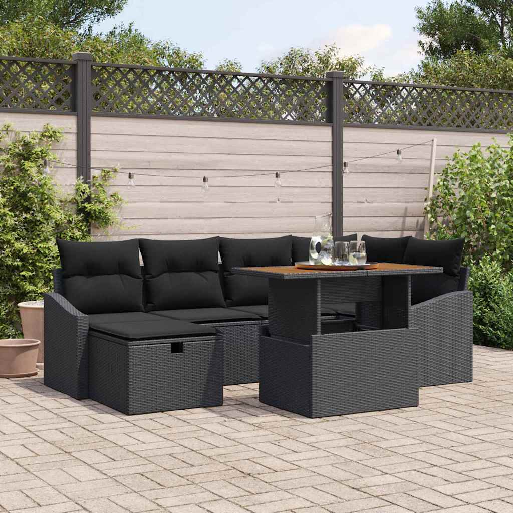 Gartensofa-set mit Kissen 7 pcs Schwarz Poly-Rattan