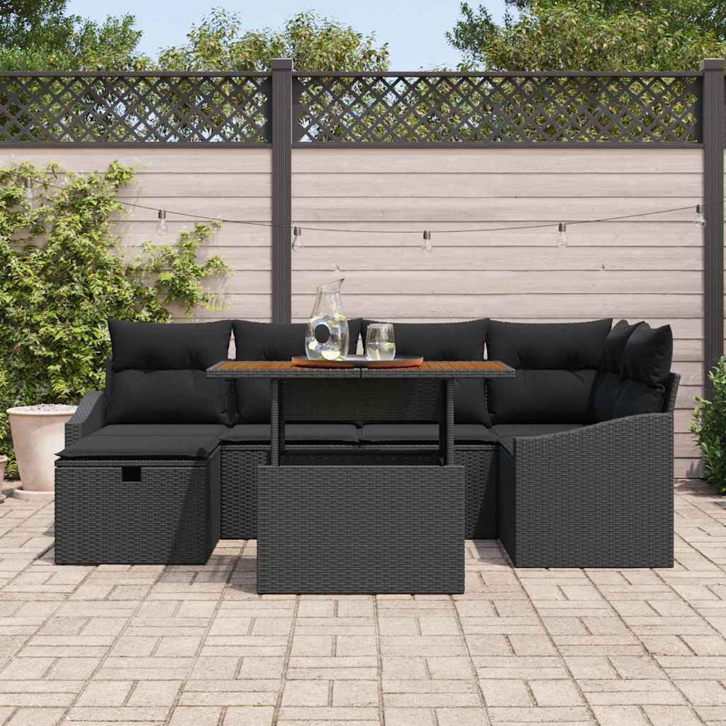 Gartensofa-set mit Kissen 7 pcs Schwarz Poly-Rattan