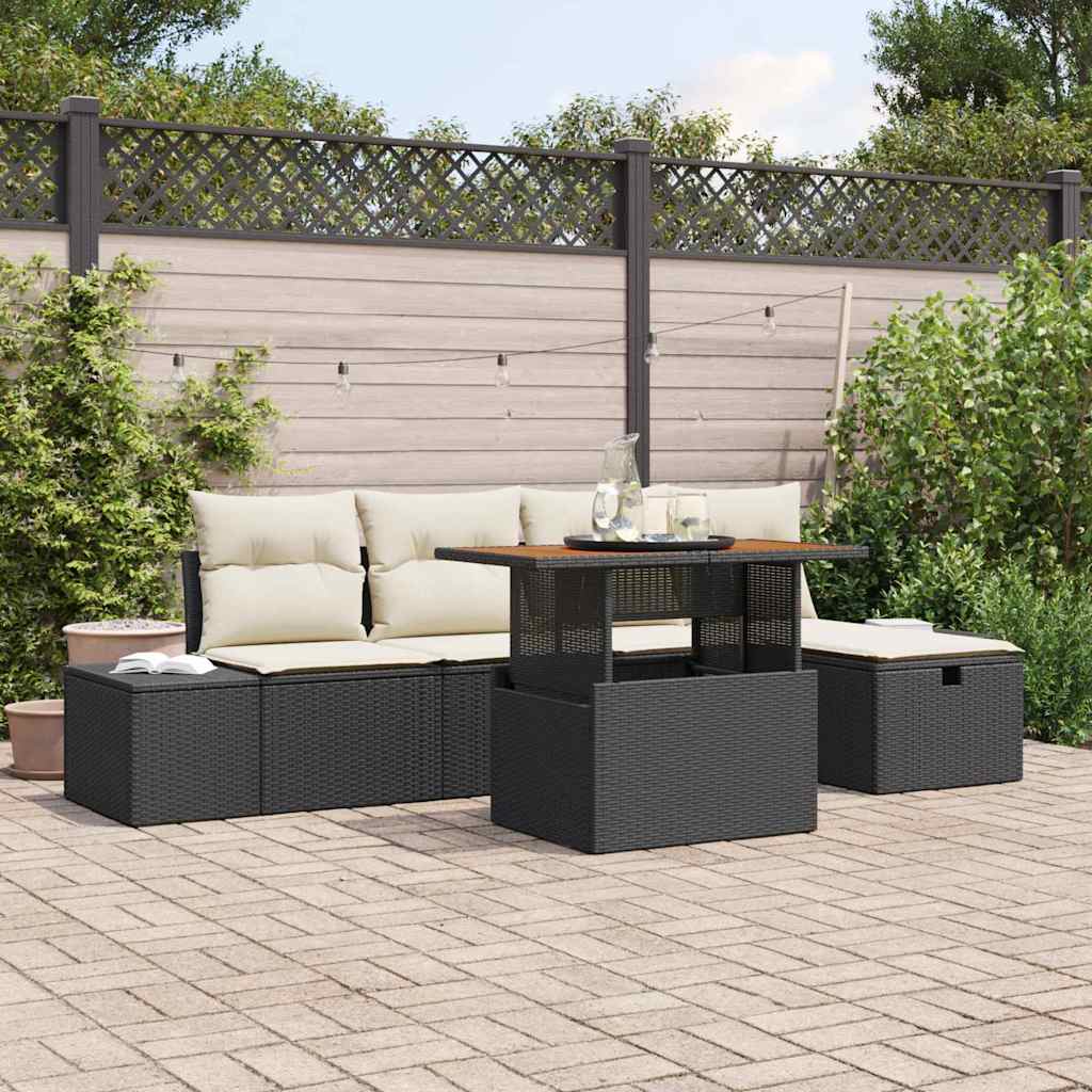Gartensofa-set mit Kissen 6 pcs Schwarz Poly-Rattan