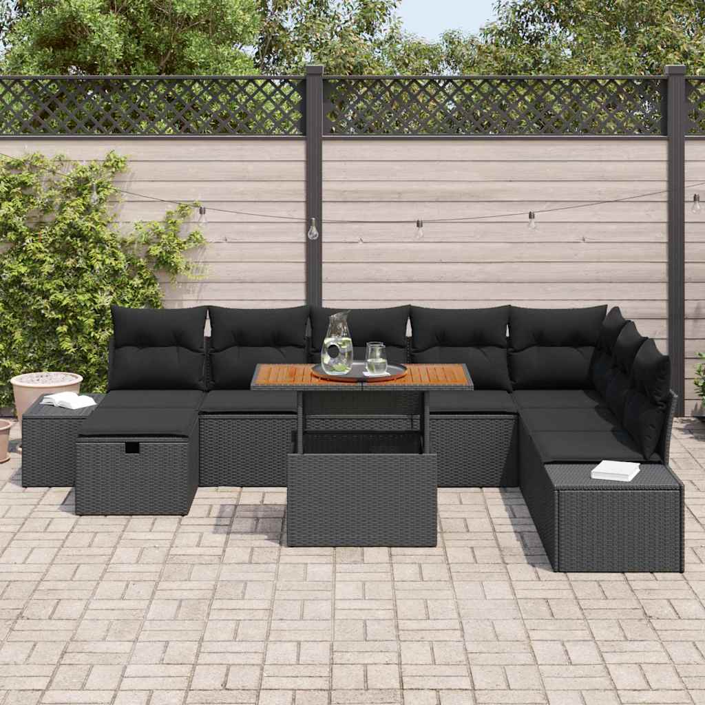 Gartensofa-set mit Kissen 9 pcs Schwarz Poly-Rattan