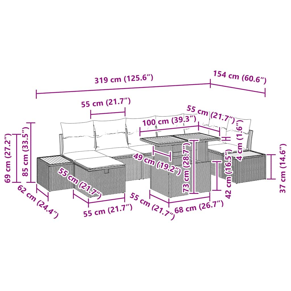 Gartensofa-set mit Kissen mit Speicher 8 pcs Grau Poly-Rattan