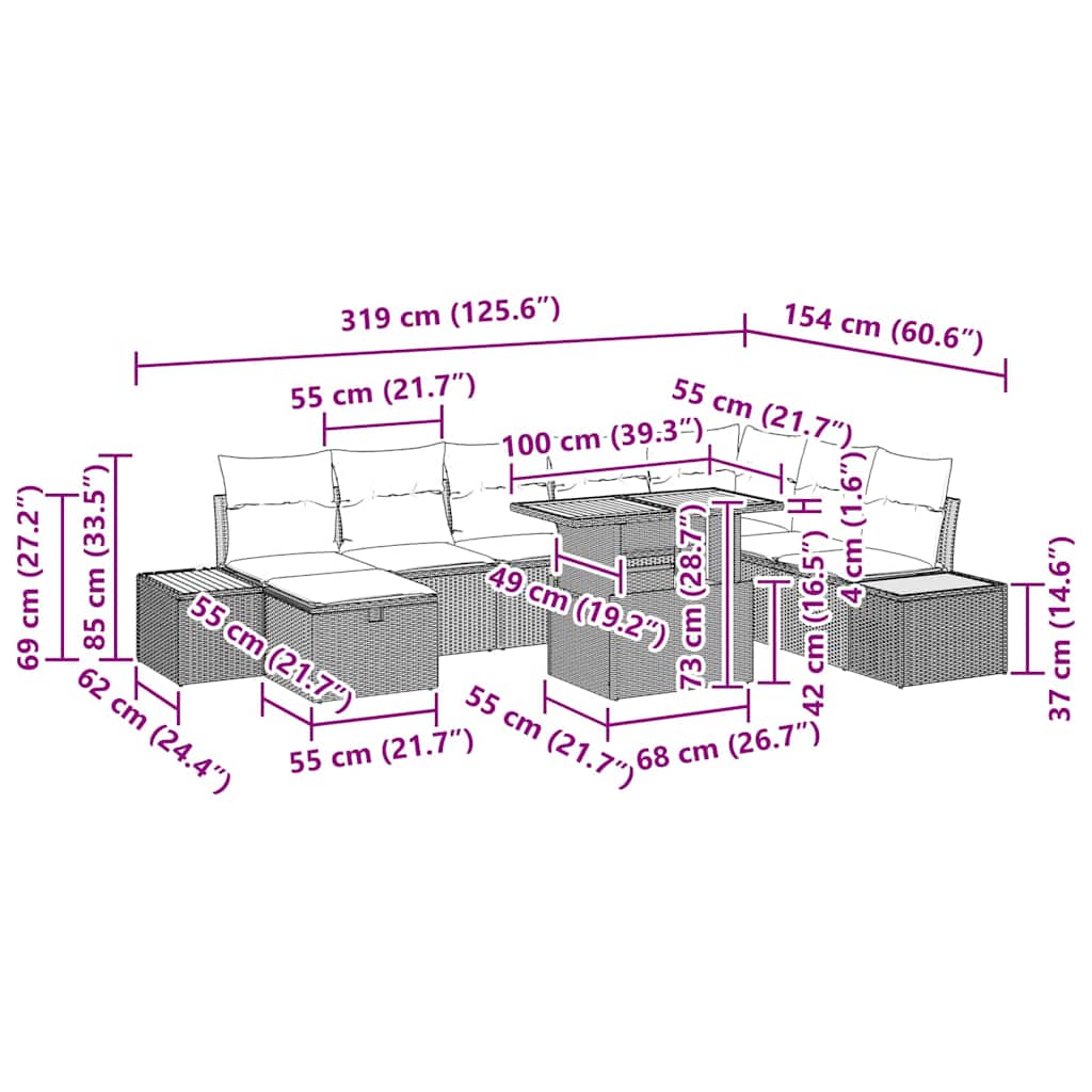 Gartensofa-set mit Kissen mit Speicher 9 pcs Beige Poly-Rattan