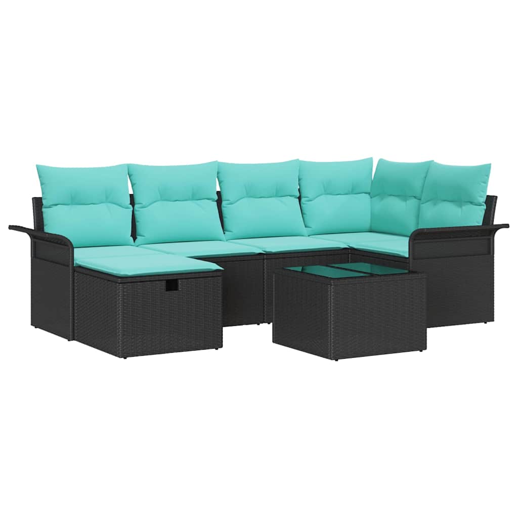 Garten-Sofa-Set mit Kissen 7 pcs Schwarz Poly Rattan