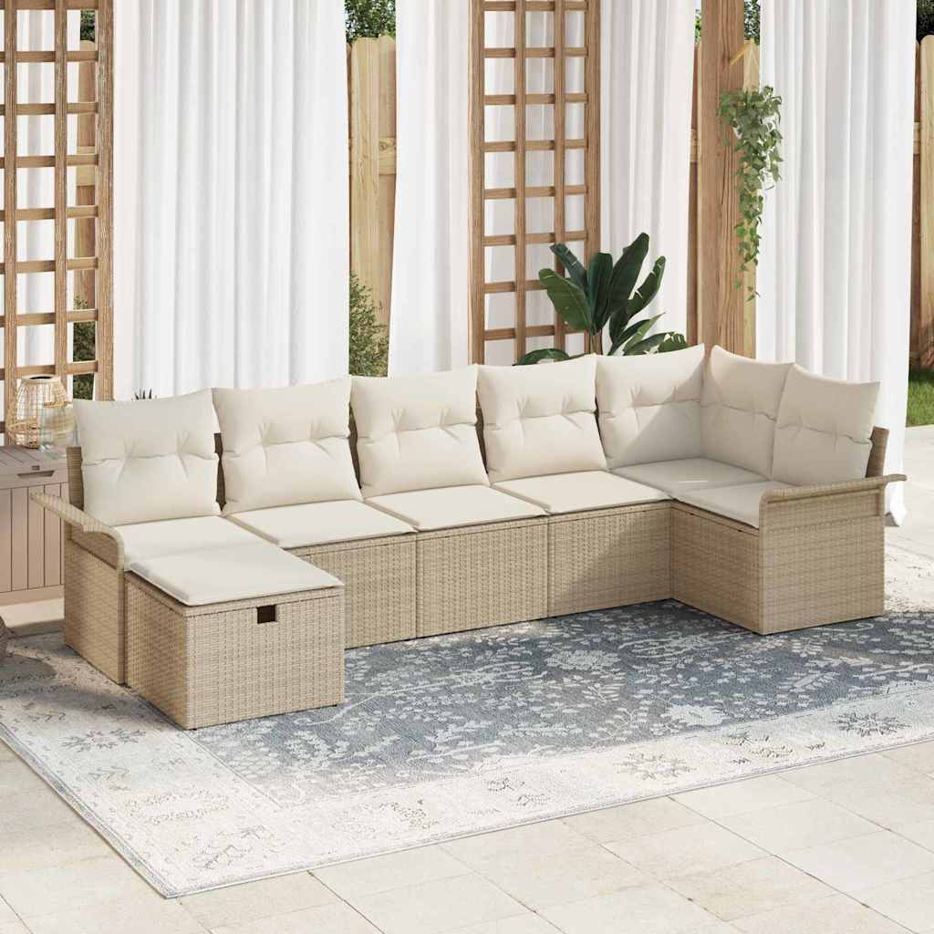 Garten-Sofa-Set mit Kissen mit Speicher 7 pcs Beige Poly Rattan