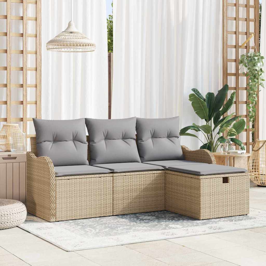 Garten-Sofa-Set mit Kissen mit Speicher 4 pcs Beige Poly Rattan