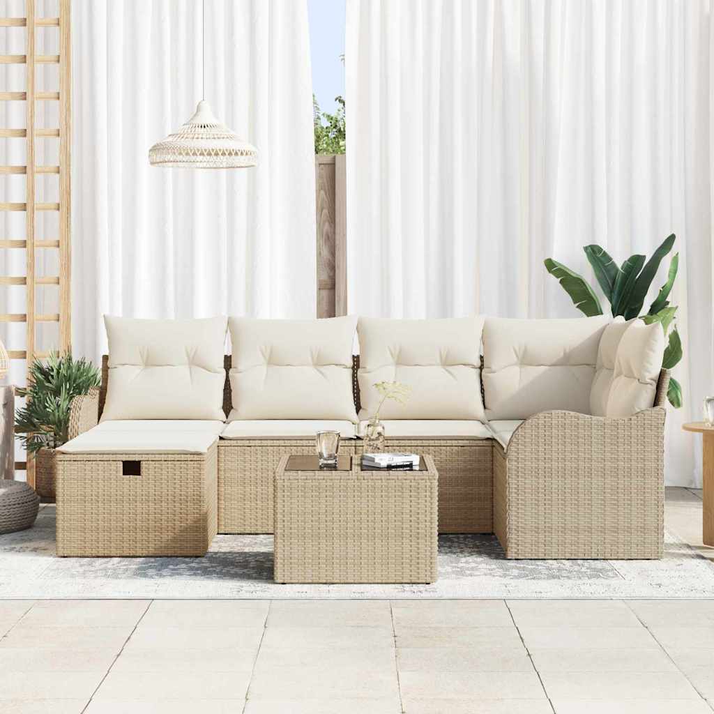 Garten-Sofa-Set mit Kissen mit Speicher 7 pcs Beige Poly Rattan