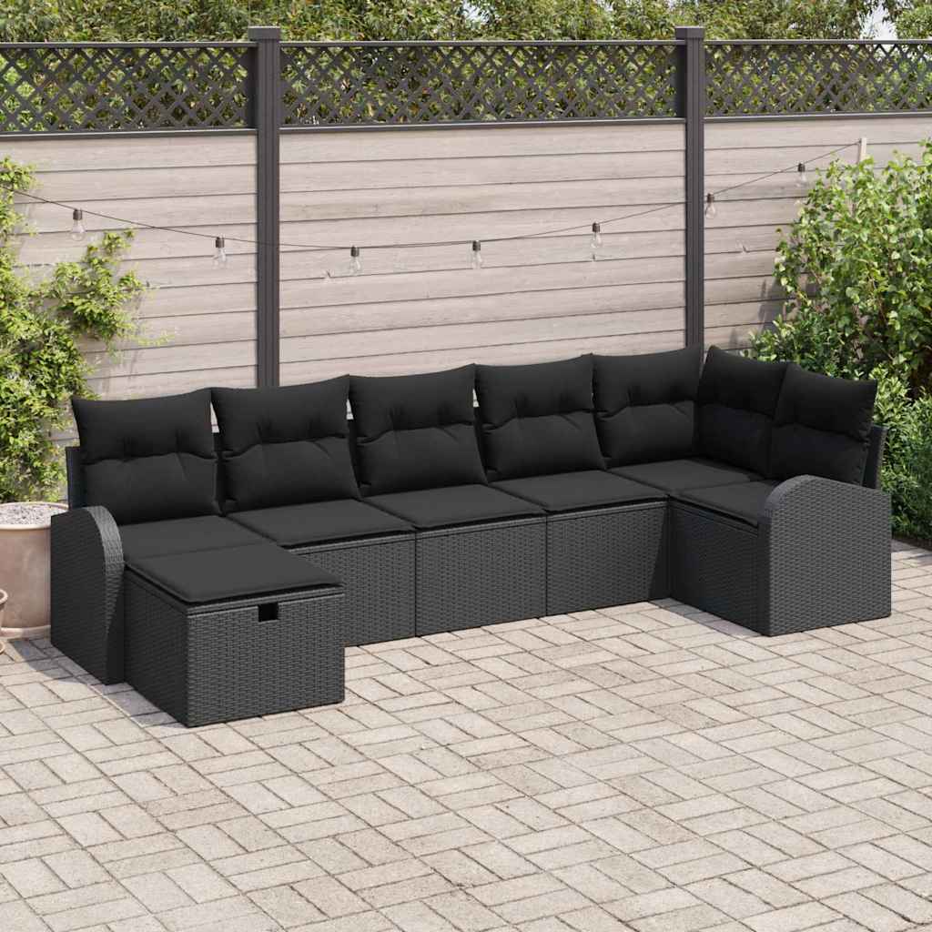 Gartensofa-set mit Kissen 7 pcs Schwarz Poly-Rattan