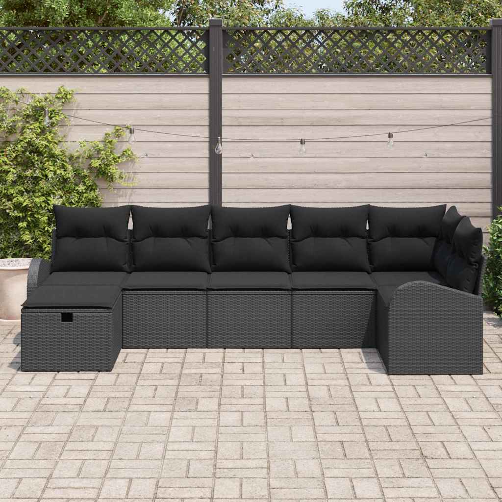 Gartensofa-set mit Kissen 7 pcs Schwarz Poly-Rattan
