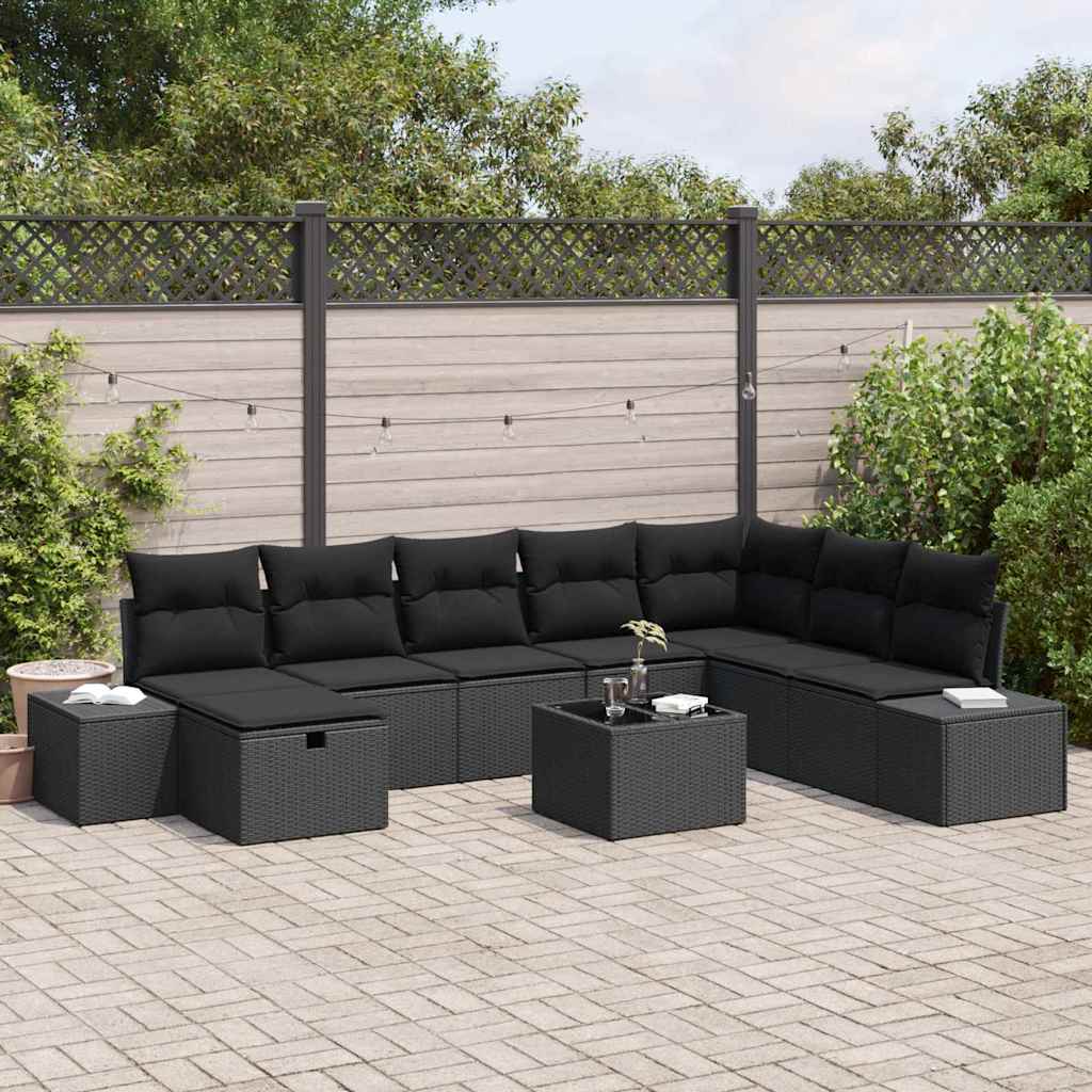 Garten-Sofa-Set mit Kissen 9 pcs Schwarz Poly Rattan