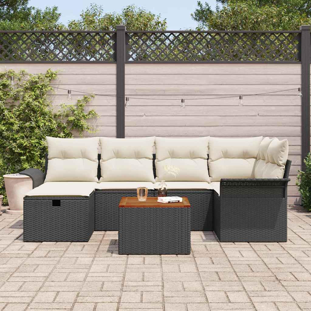 Gartensofa-set mit Kissen 7 pcs Schwarz Poly Rattan