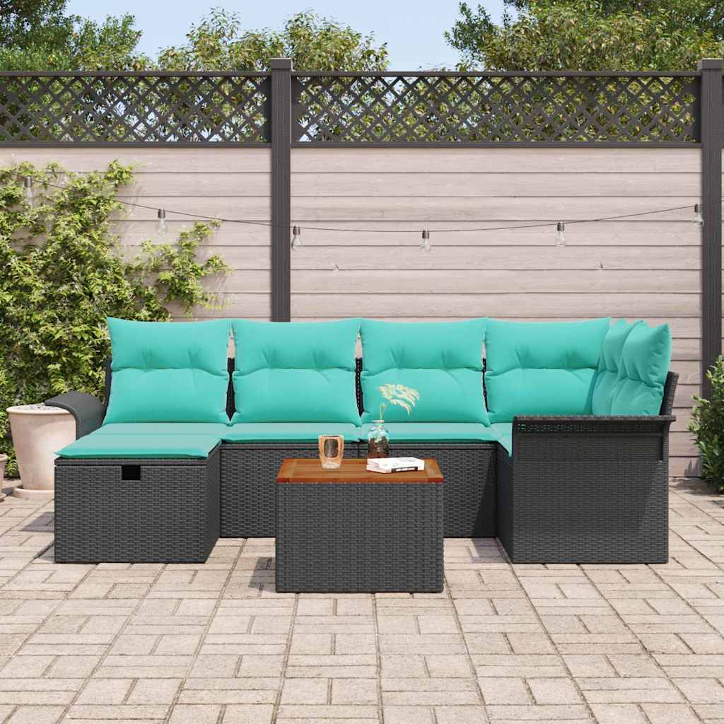 Gartensofa-set mit Kissen 7 pcs Schwarz Poly Rattan