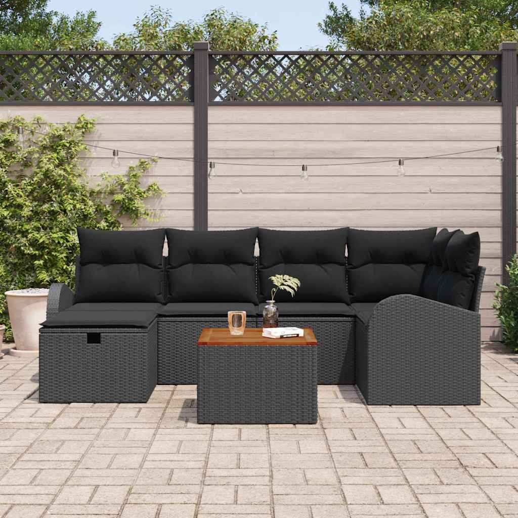 Gartensofa-set mit Kissen 7 pcs Schwarz Poly Rattan