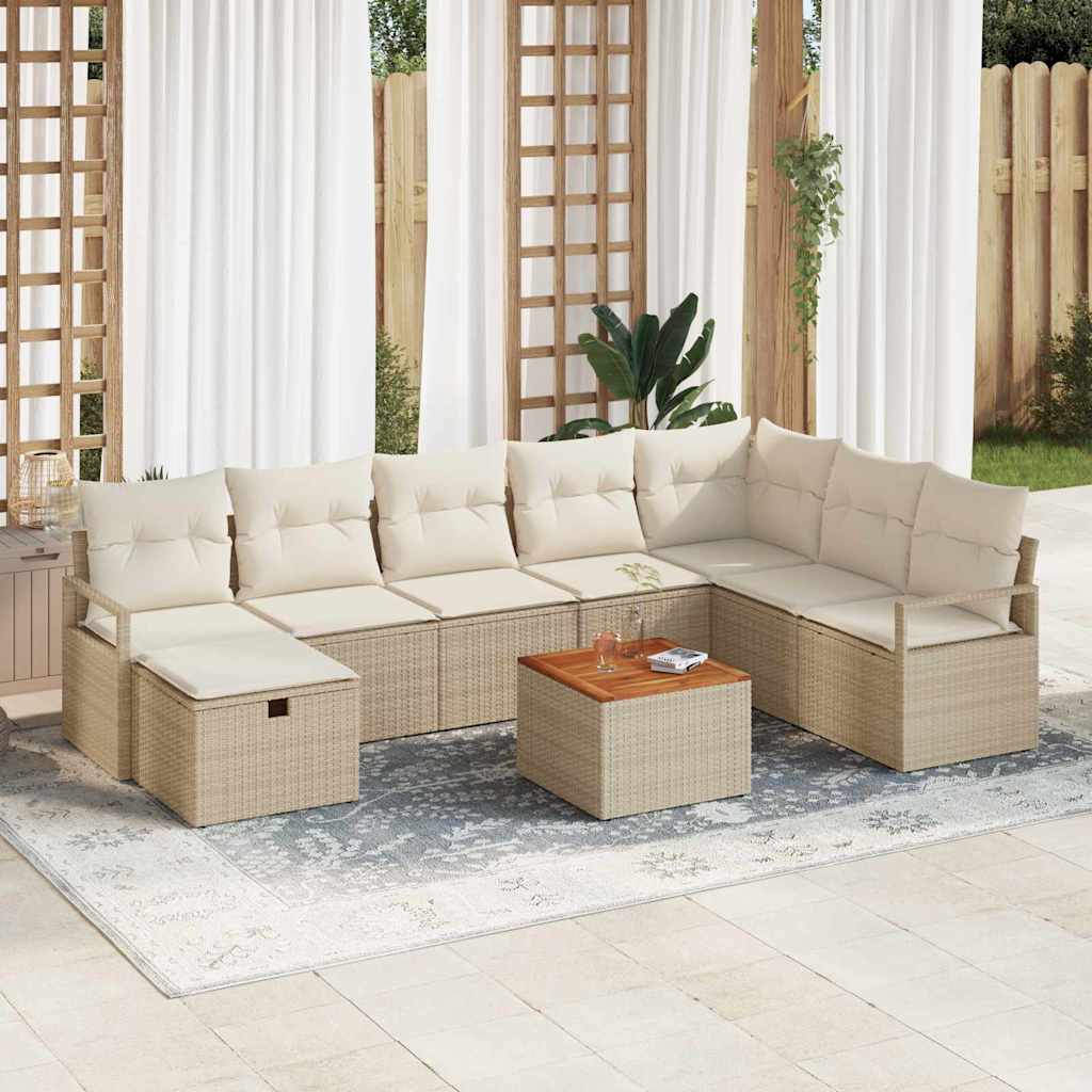 Gartensofa-set mit Kissen mit Speicher 9 pcs Beige Poly Rattan