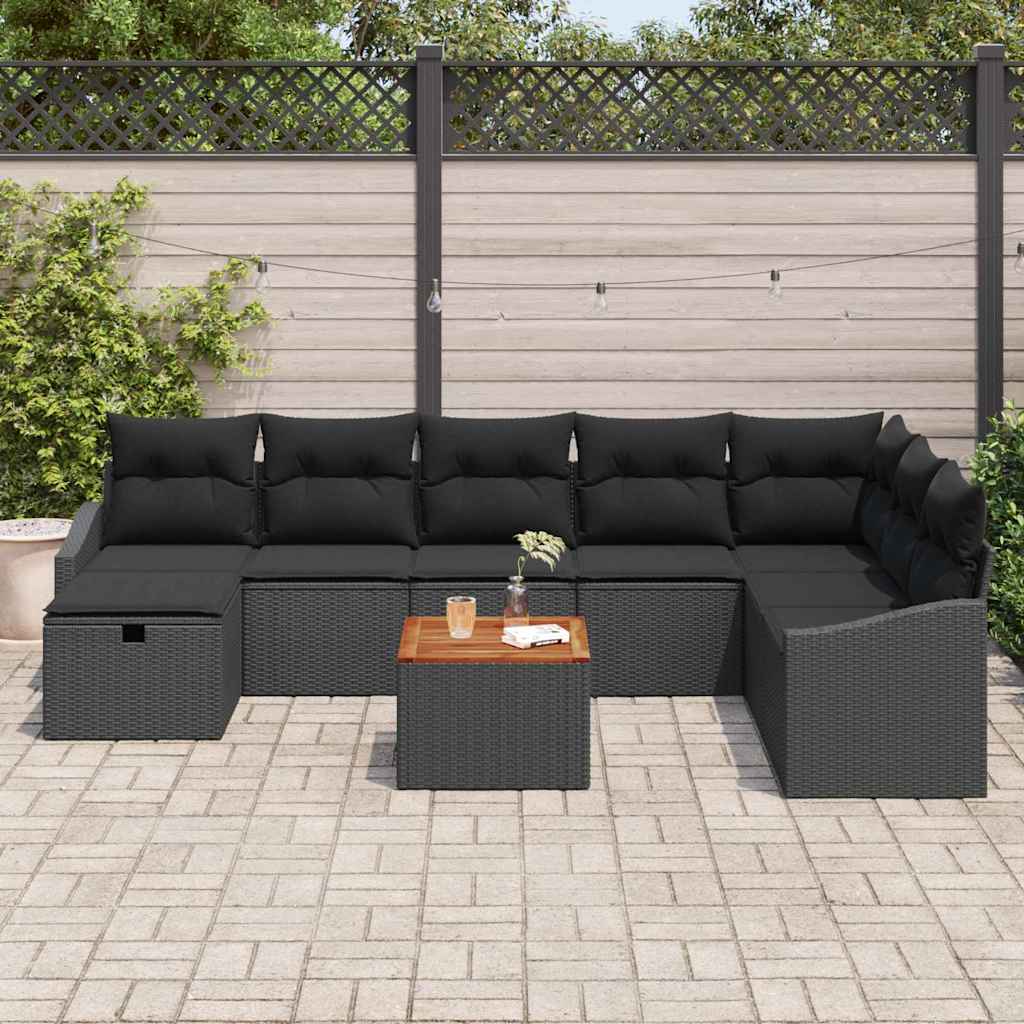 Gartensofa-set mit Kissen 9 pcs Schwarz Poly Rattan