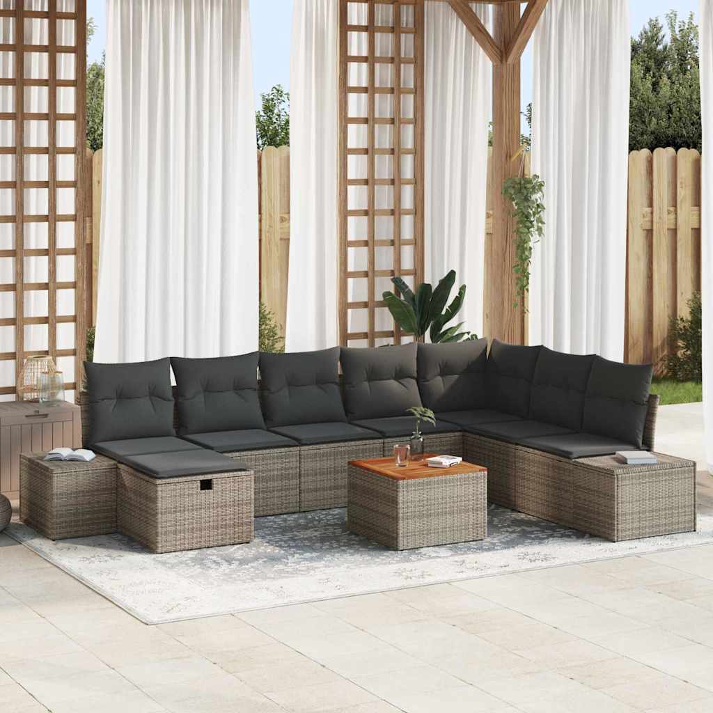Gartensofa-set mit Kissen mit Speicher 9 pcs Grau Poly Rattan