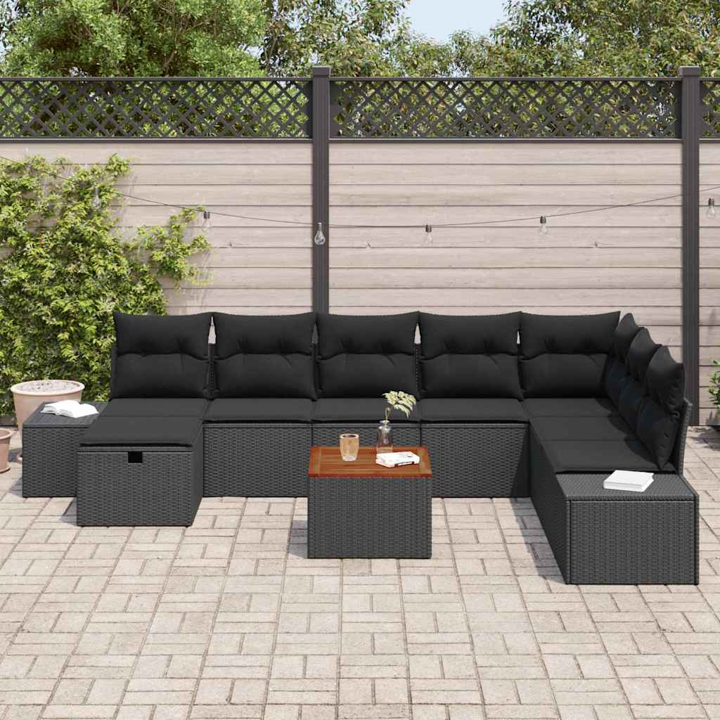 Gartensofa-set mit Kissen 9 pcs Schwarz Poly Rattan