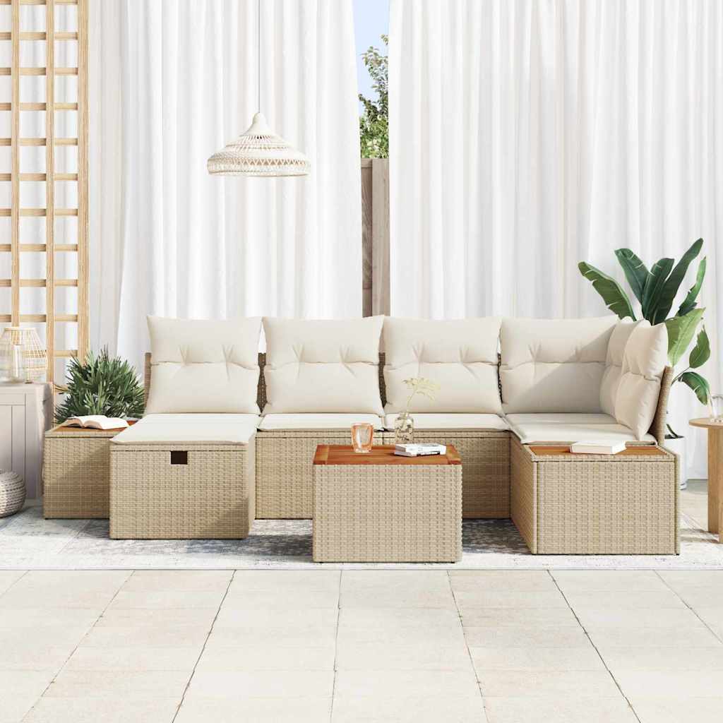Gartensofa-set mit Kissen mit Speicher 7 pcs Beige Poly-Rattan