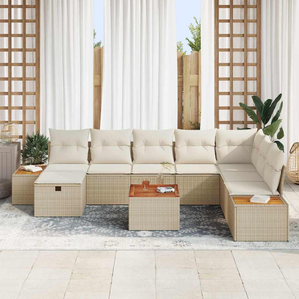 Gartensofa-set mit Kissen mit Speicher 9 pcs Beige Poly-Rattan