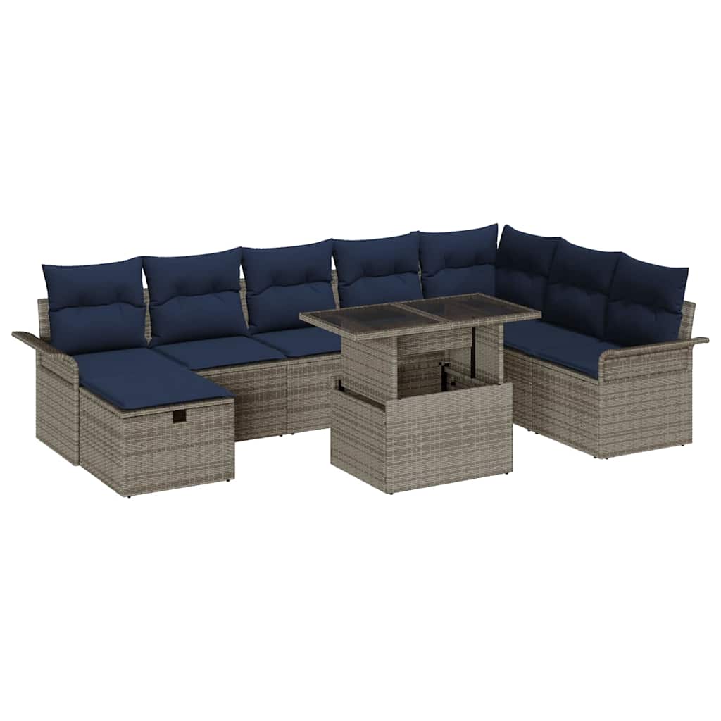 Garten-Sofa-Set mit Kissen mit Speicher 9 pcs Grau Poly Rattan