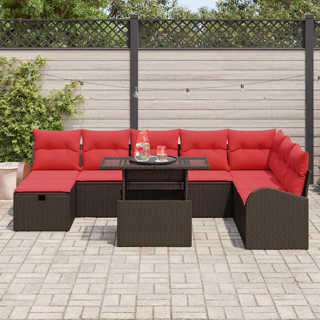 Garten-Sofa-Set mit Kissen mit Speicher 9 pcs Braun Poly Rattan