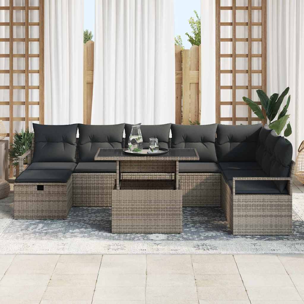 Garten-Sofa-Set mit Kissen mit Speicher 9 pcs Grau Poly Rattan