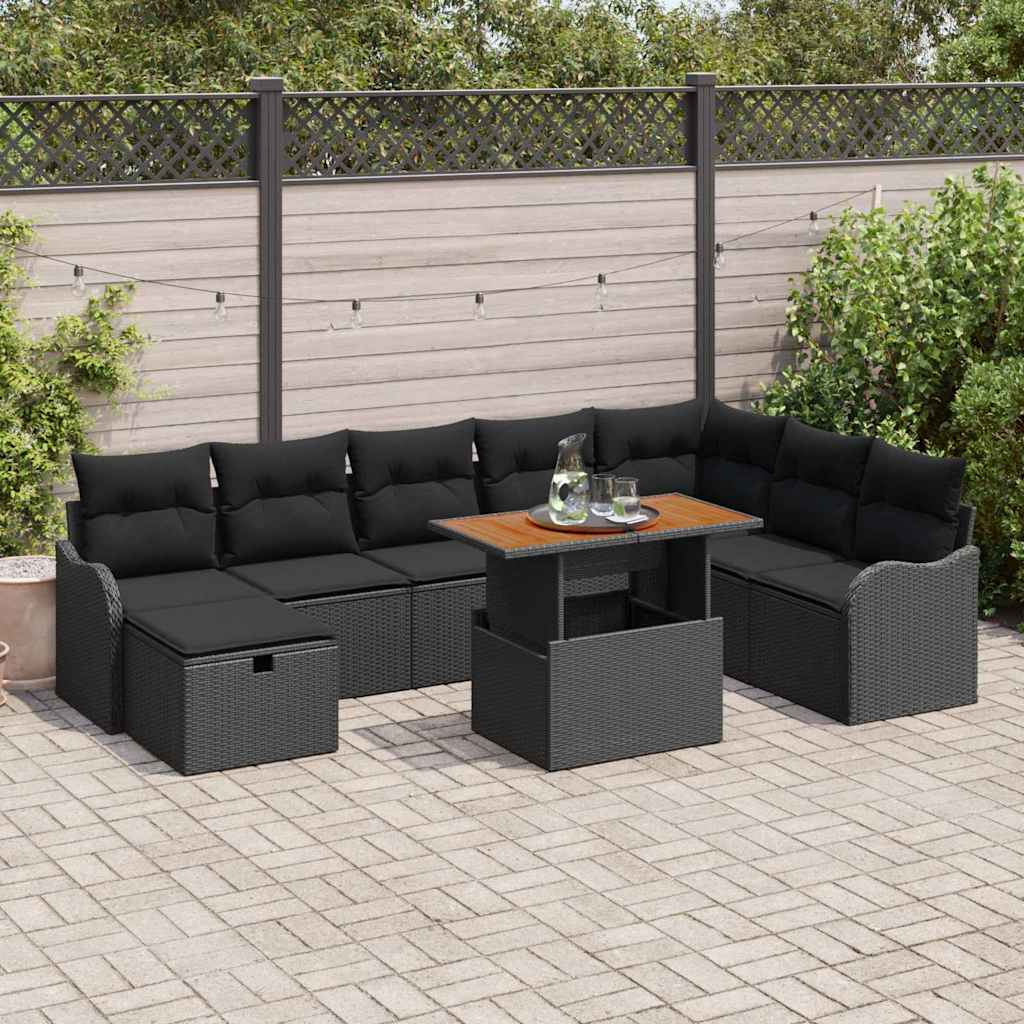 Garten-Sofa-Set mit Kissen 9 pcs Schwarz Poly-Rattan