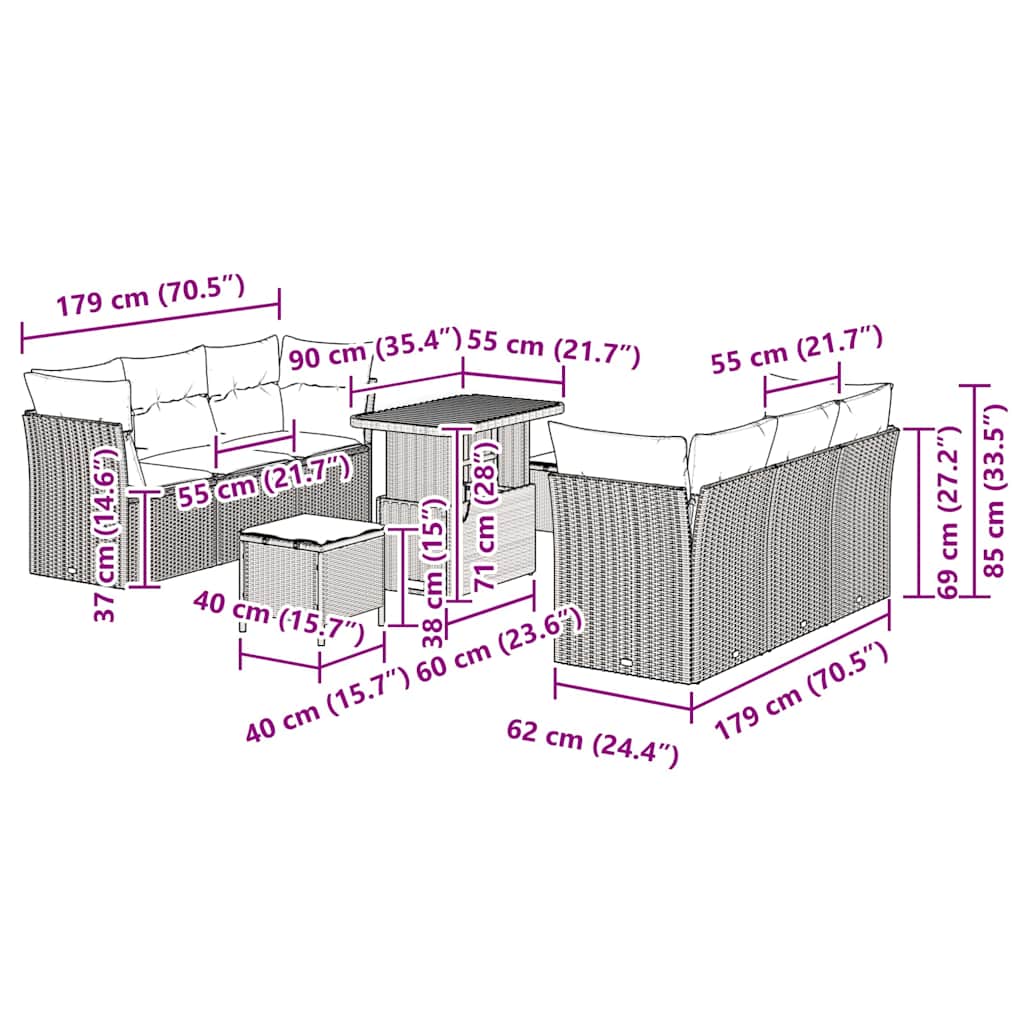 Gartensofa-set mit Kissen 9 pcs Beige Poly-Rattan