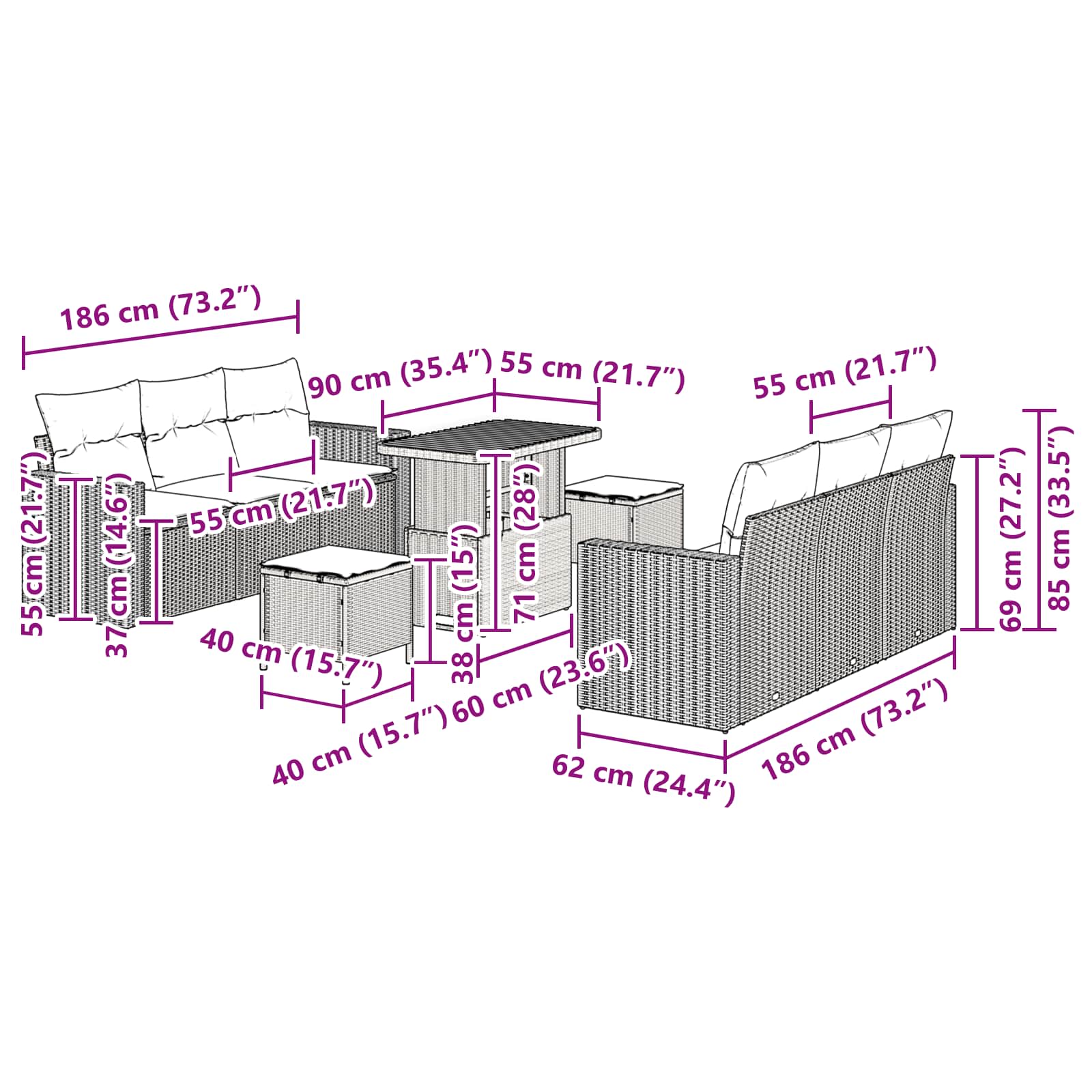 Garten-Sofa-Set 9 pcs Schwarz Poly-Rattan