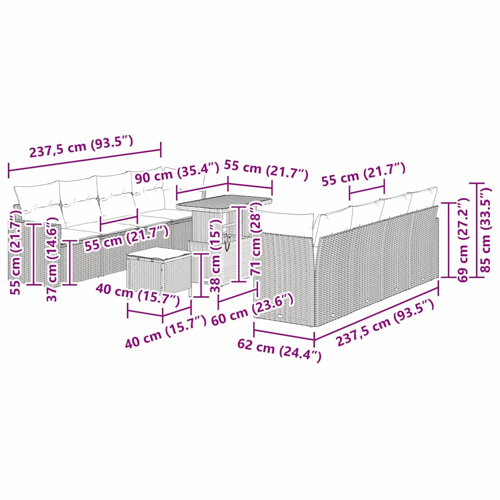 Gartensofa-set 11 pcs Schwarz Poly-Rattan